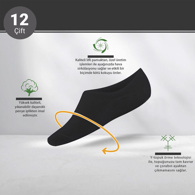 Toptan Kadın 12'li Pamuklu Sneakers Çorap Siyah-B74